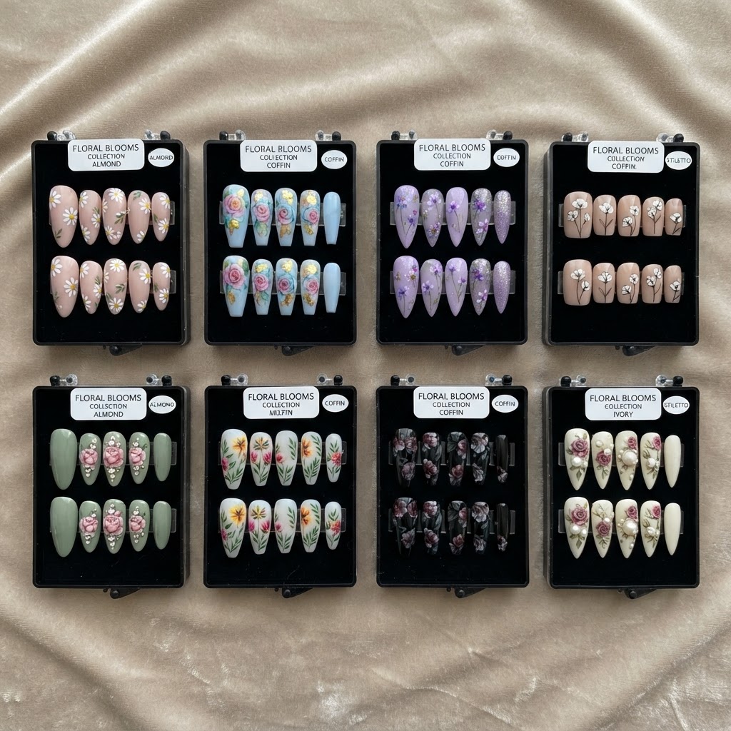 A curated collection of trendy floral press-on nail sets.