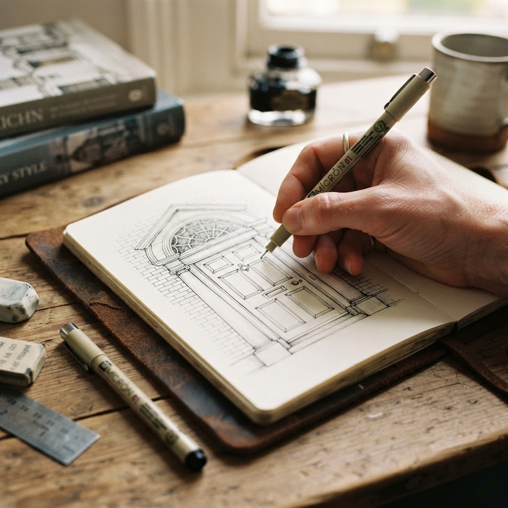 Capturing the details of a historic Georgian door with fine-liner pens.
