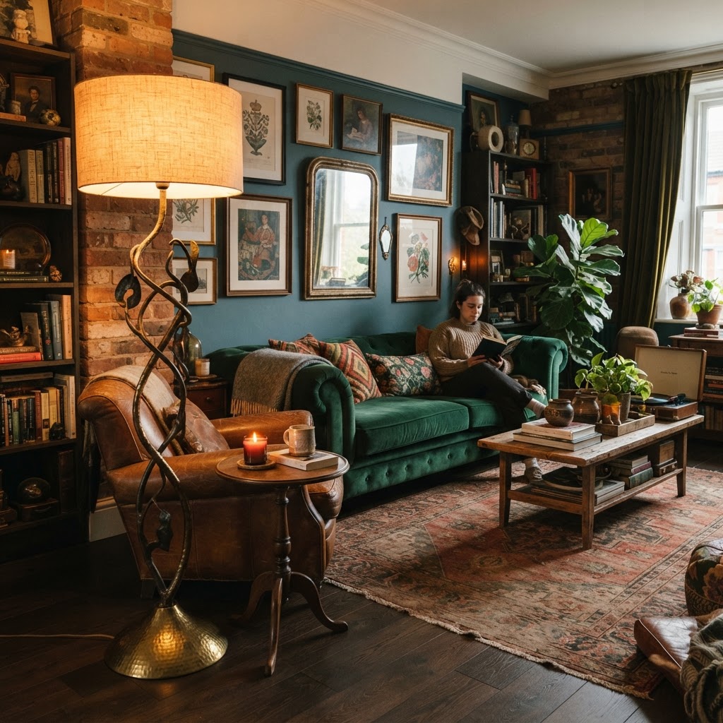 A sculptural floor lamp adds instant character to an eclectic living room.