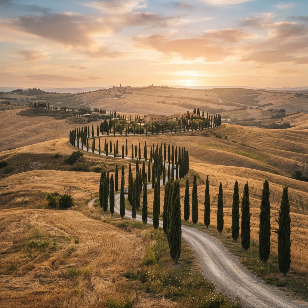 The iconic rolling hills and cypress-lined paths of the Val d'Orcia.