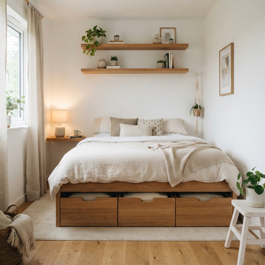 Maximize floor space with under-bed storage and wall-mounted shelving.