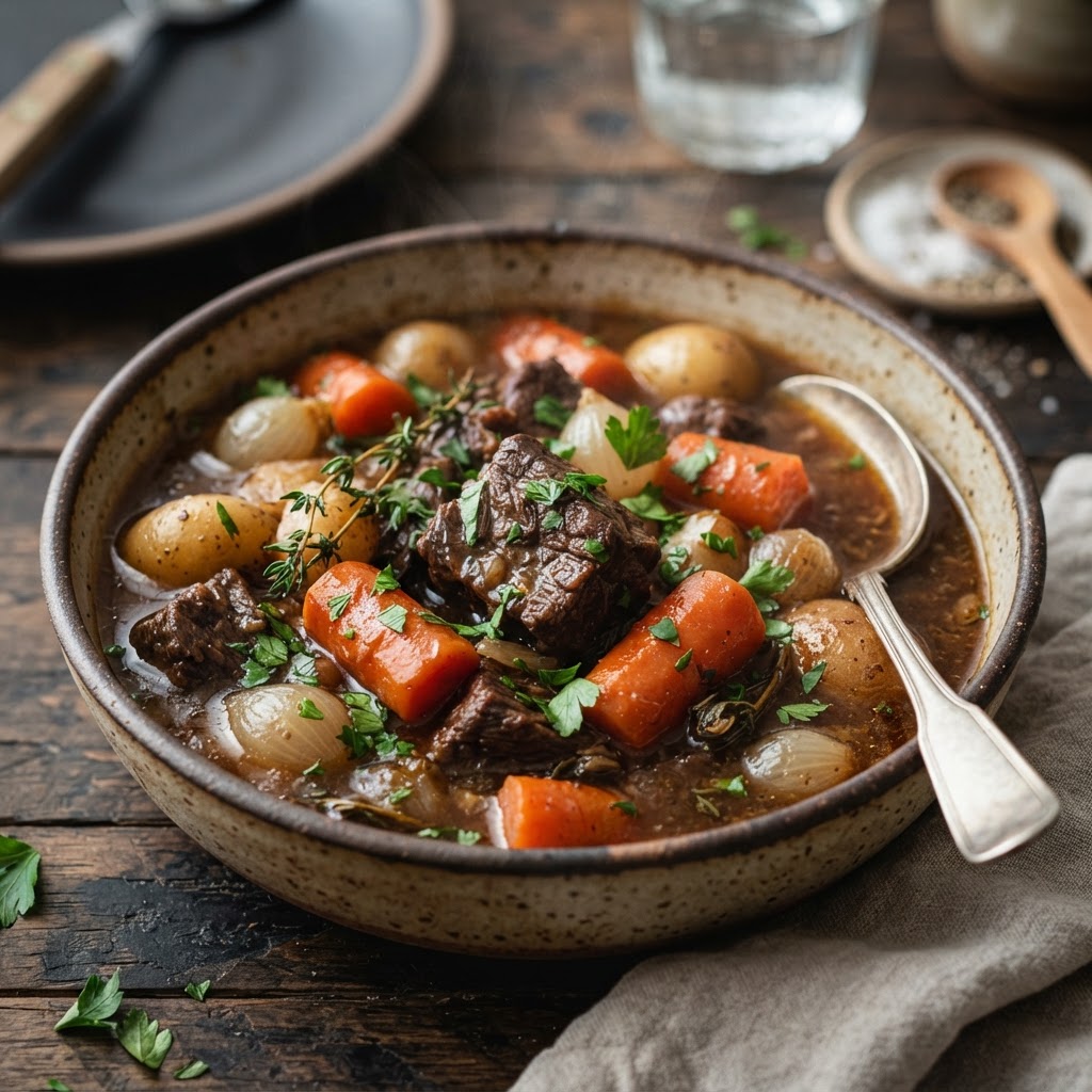 Detail of the perfectly seared beef and tender vegetables in the rich stew.