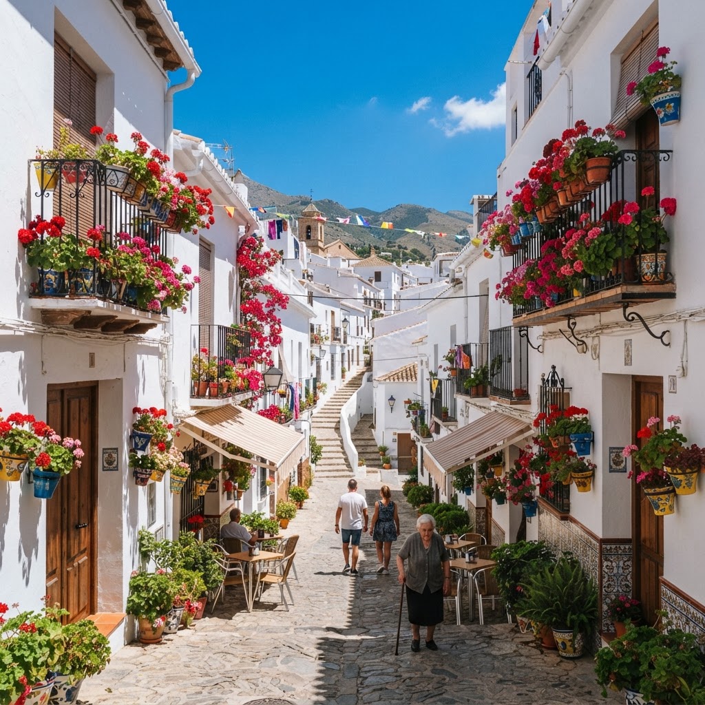 The iconic white-washed streets of Andalusia decorated with hanging flowers.