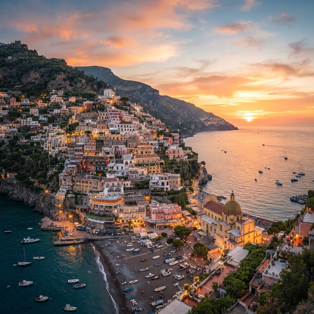 The legendary colorful houses of Positano glow at sunset.