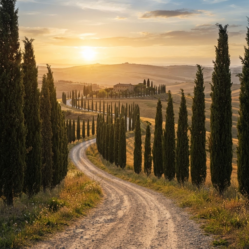 A quintessential winding road through the heart of the Italian countryside.