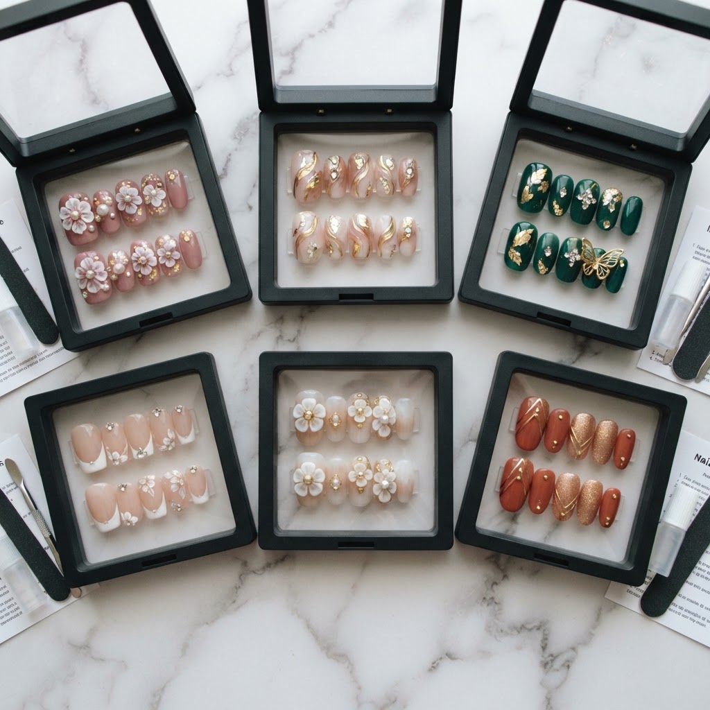 A collection of diverse, artistic handmade press-on nail sets.
