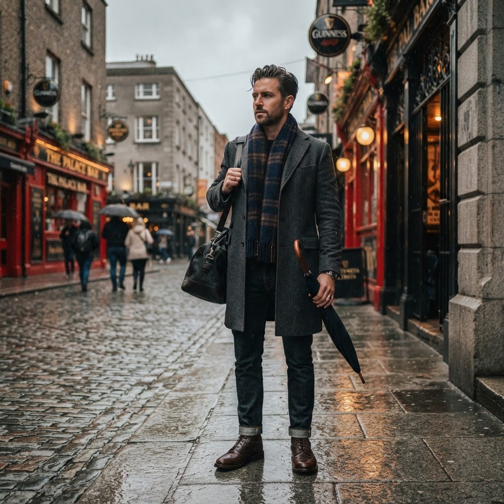 A classic wool overcoat is a staple for professional Irish winter style.