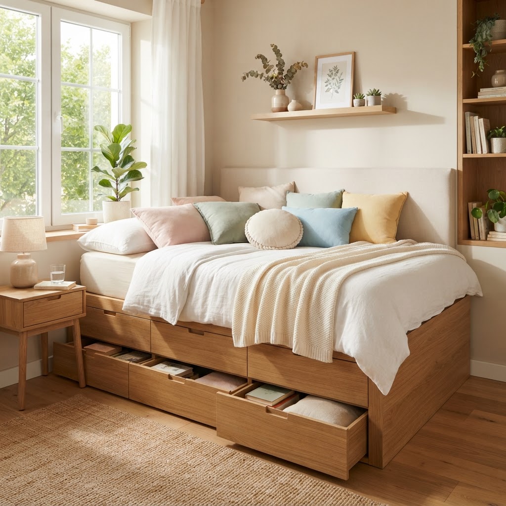 Multifunctional bed frame with built-in storage to maximize floor space.