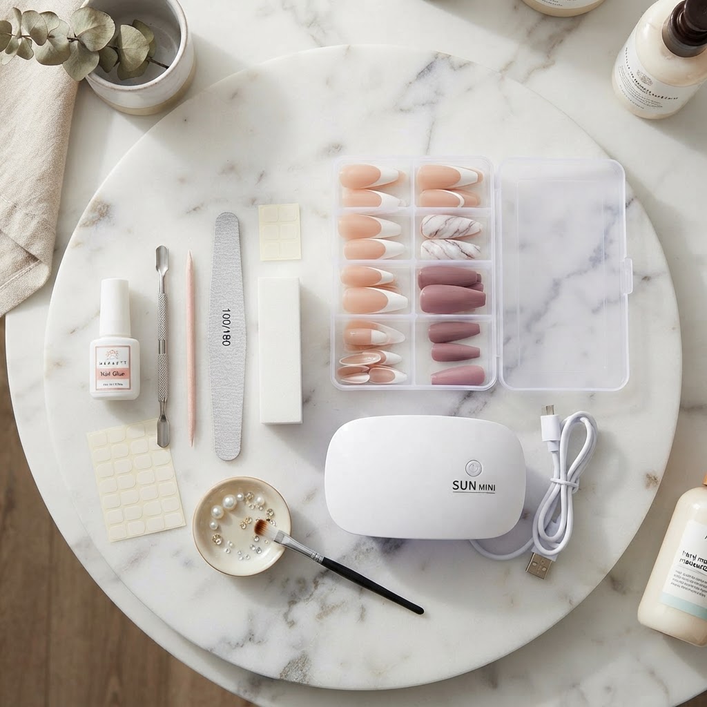 Essential tools for a professional DIY press-on nail manicure.