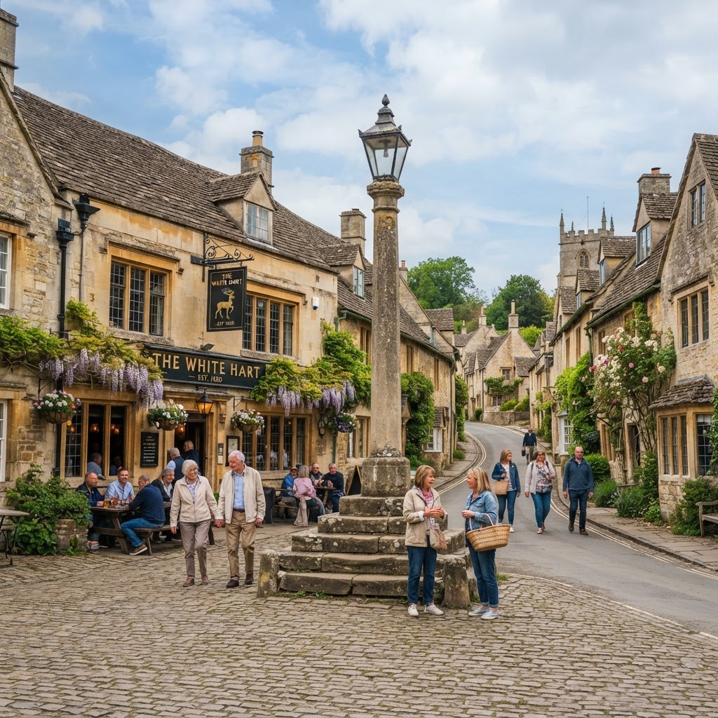 The historic Market Cross serves as the heart of the village.