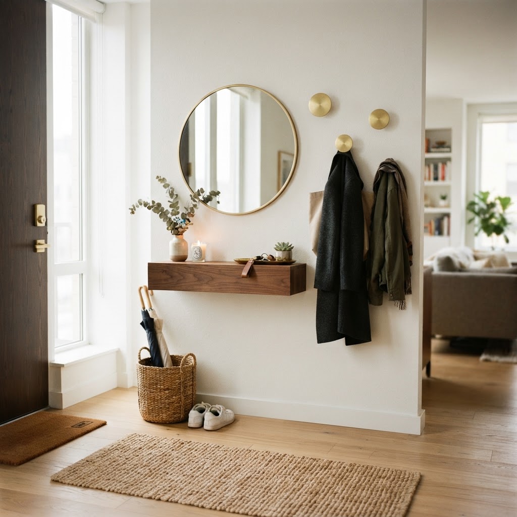 Floating shelves save floor space while providing a functional landing zone.