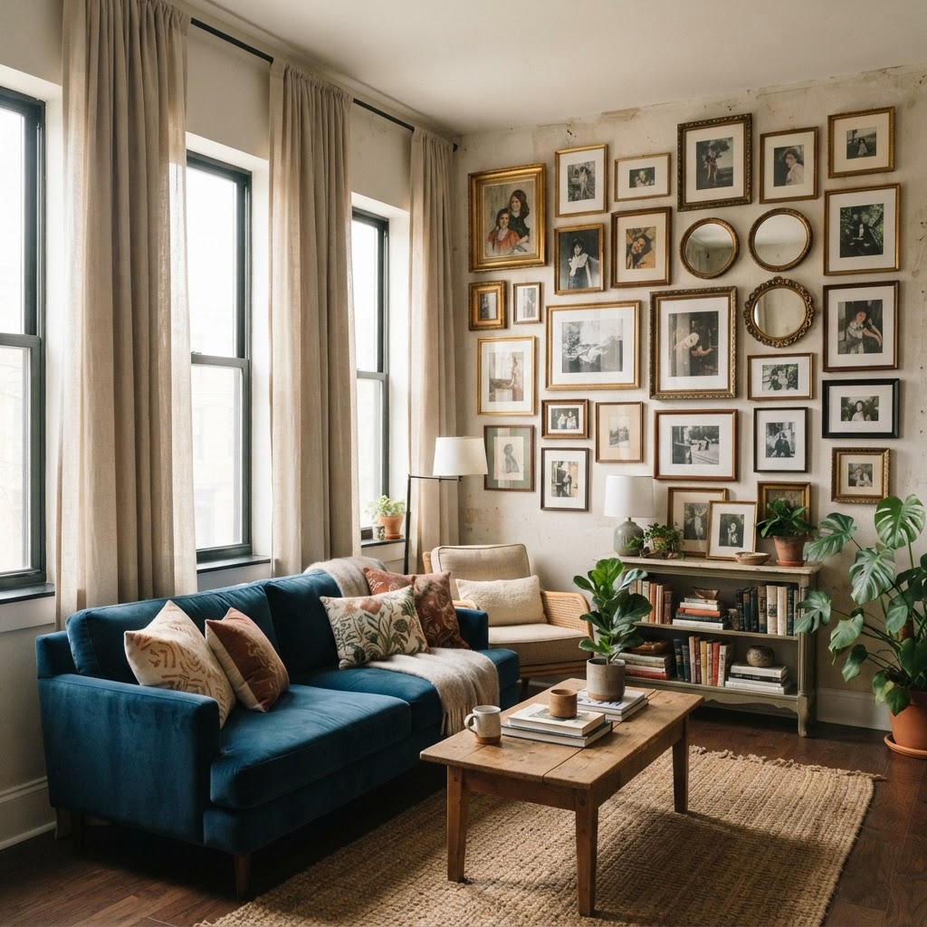 Floor-to-ceiling curtains and gallery walls are perfect for masking wall flaws.