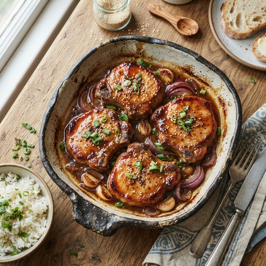 Juicy slow cooker pork chops with a sticky honey garlic glaze.