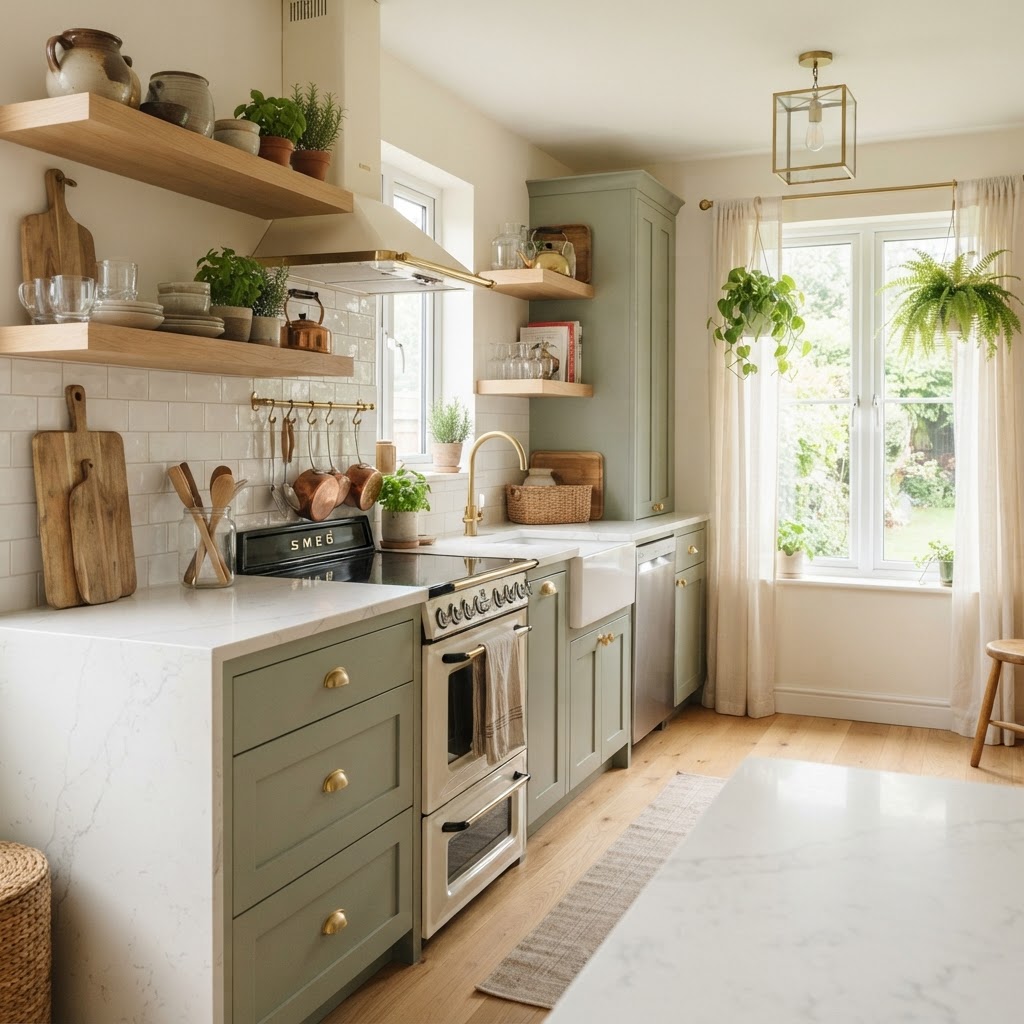 Sage green cabinets paired with natural wood create an airy, modern feel.