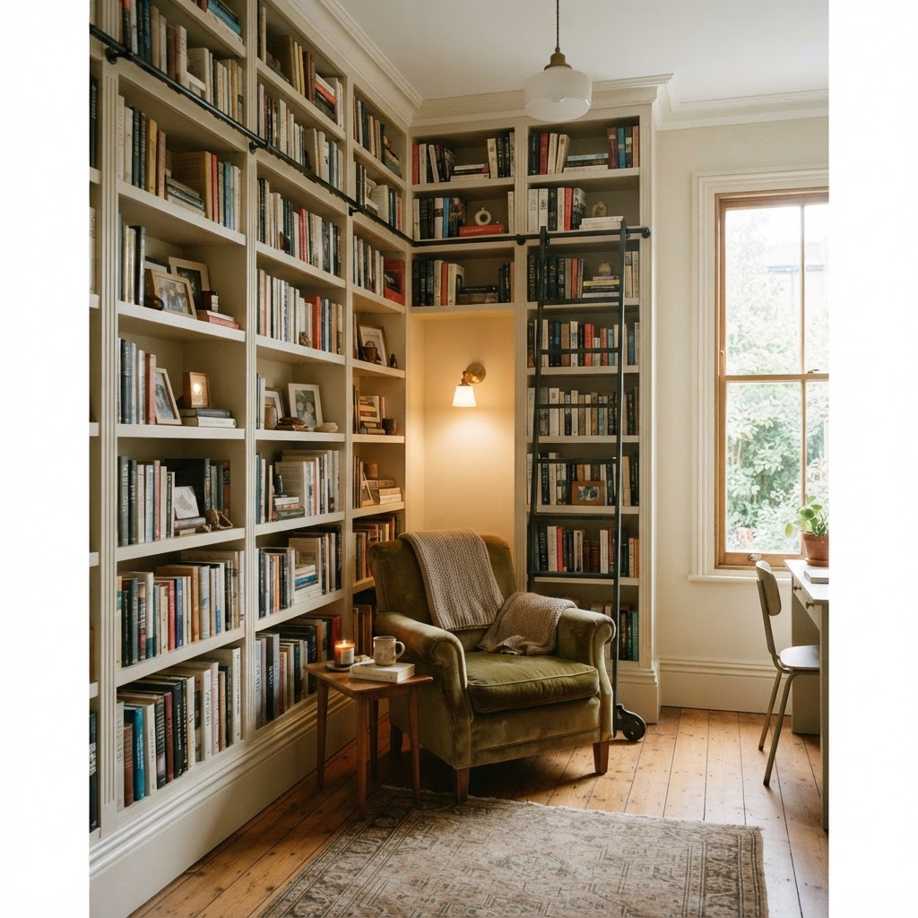 Vertical shelving draws the eye upward to maximize the feeling of height.