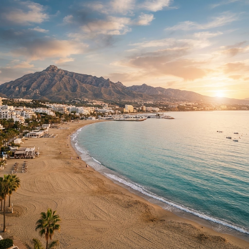 The stunning coastline of Marbella at sunset.
