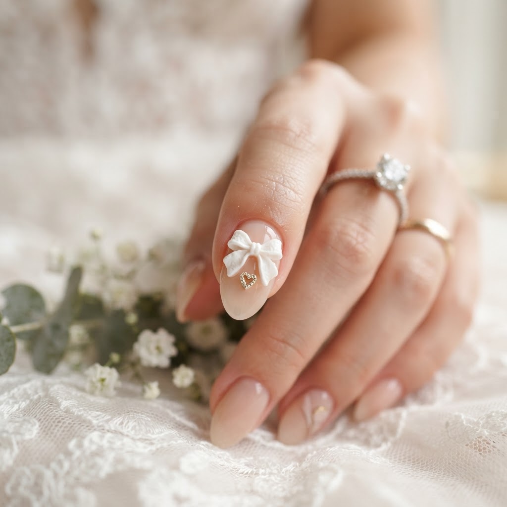 Detailed 3D nail art featuring bows and charms for a trendy bride.