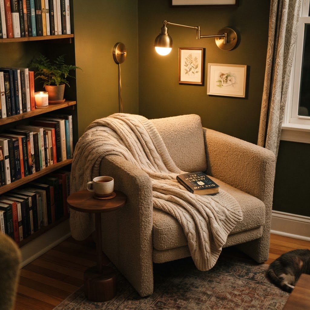 Layered lighting and textures make any small corner feel cozy.
