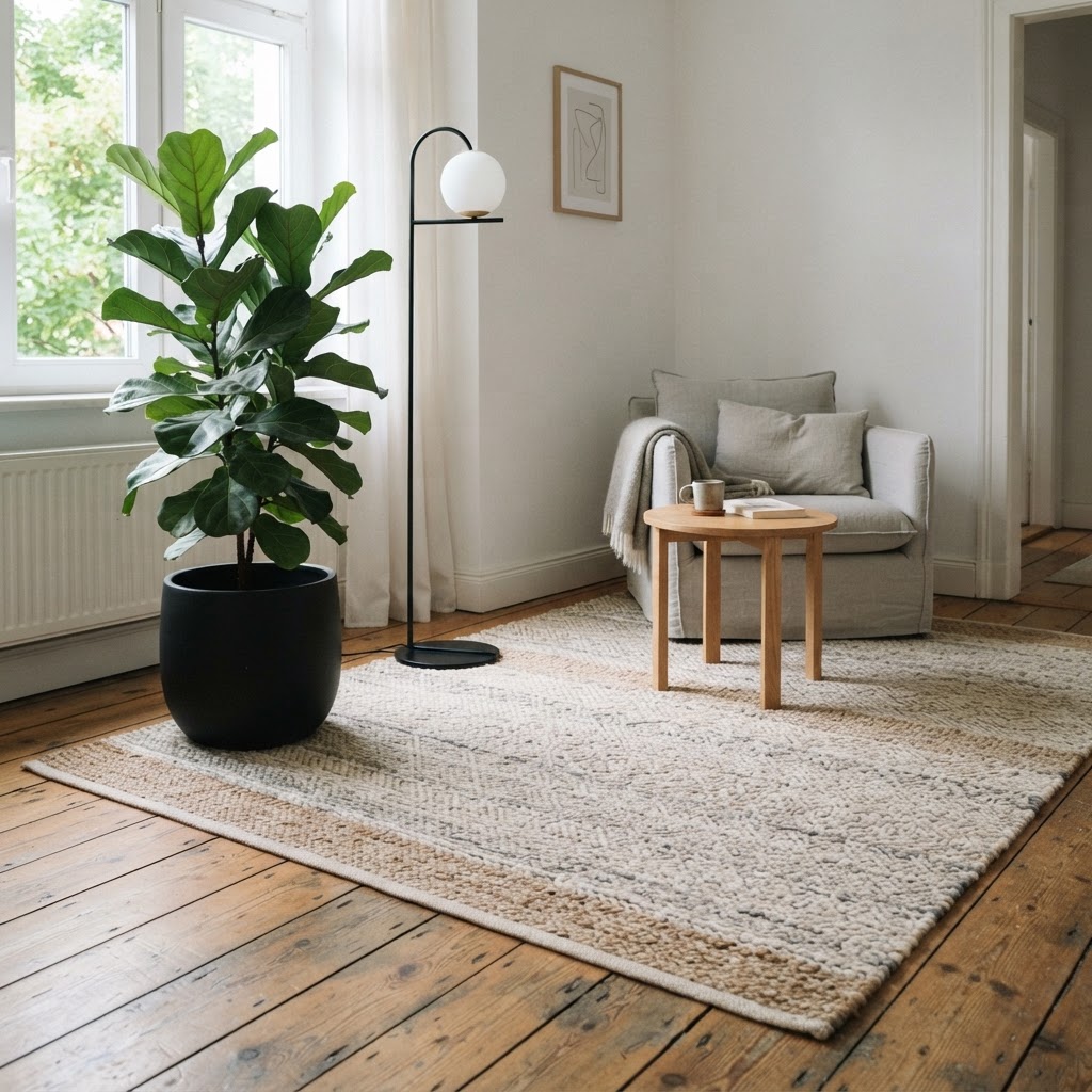 Use rugs and plants to cover flooring and add personality.