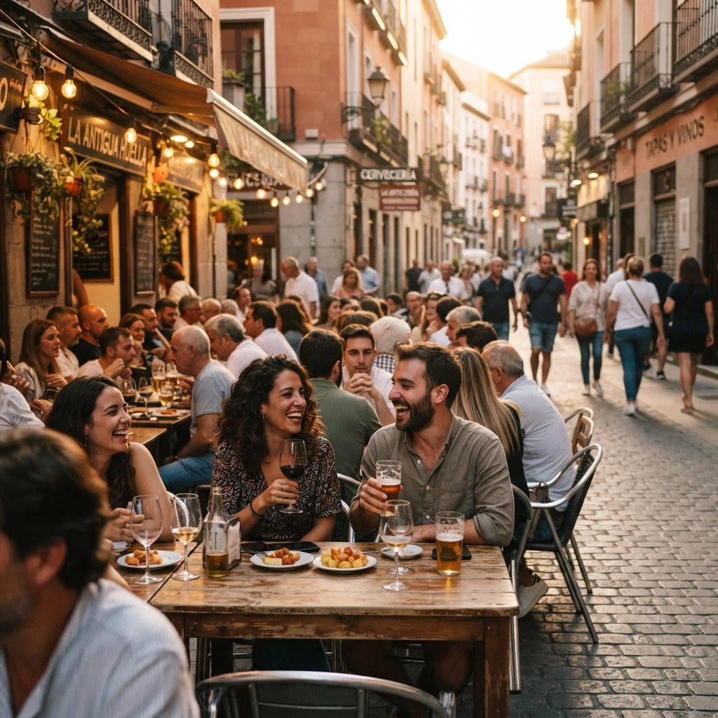 Evening social hour in the vibrant neighborhood of La Latina.