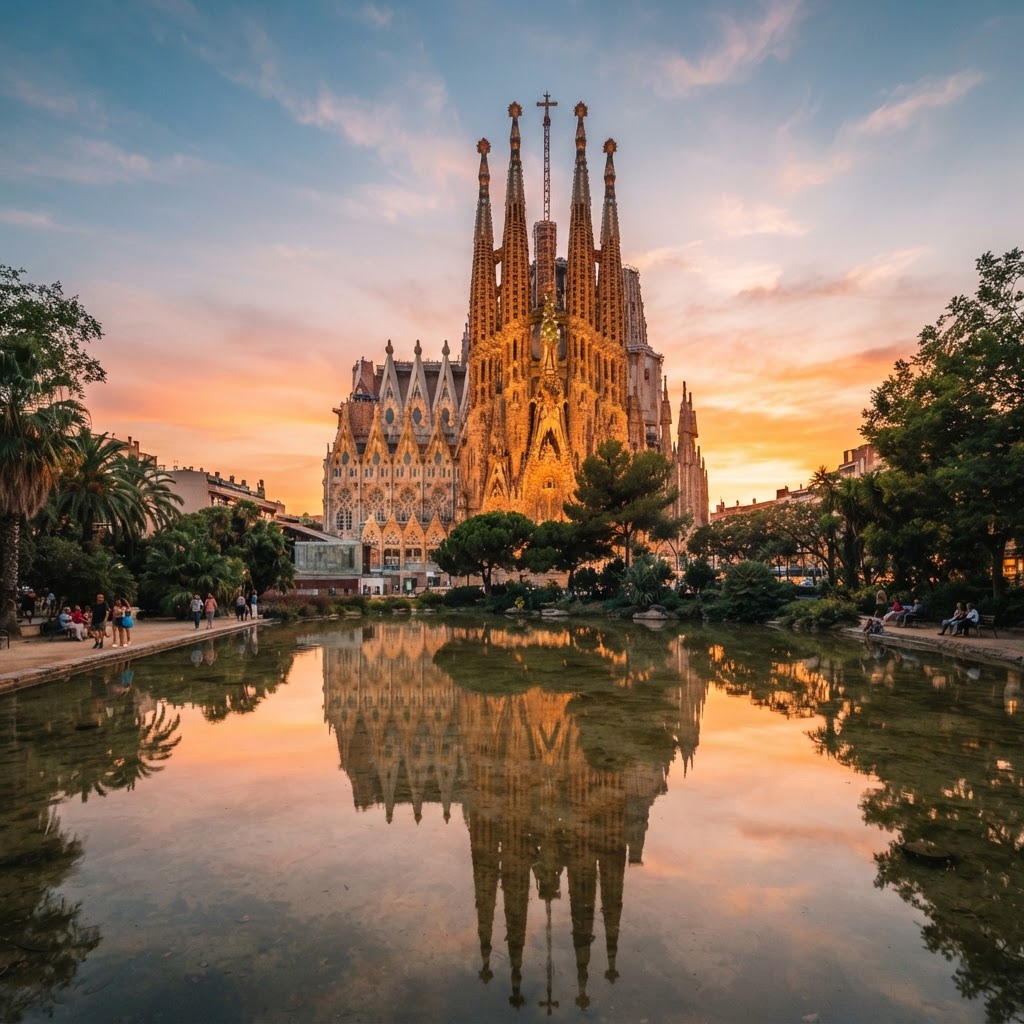 The iconic Sagrada Familia glowing in the warmth of the setting sun.