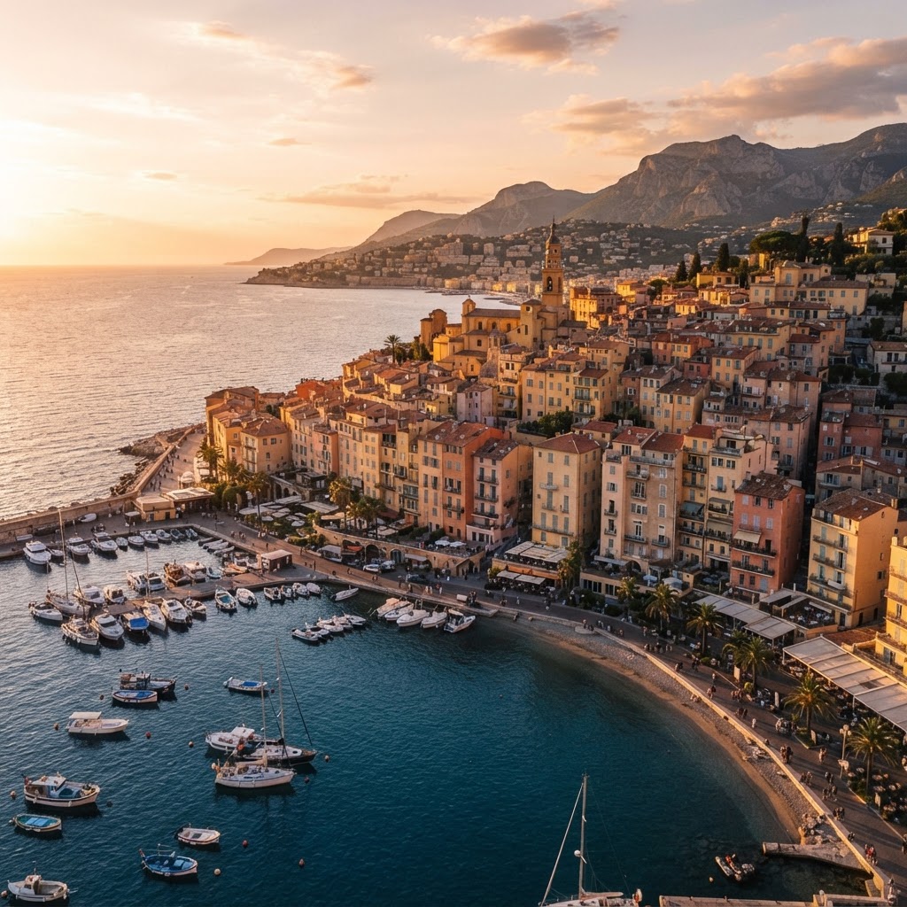 The iconic pastel architecture of Menton glowing under the golden hour sun.