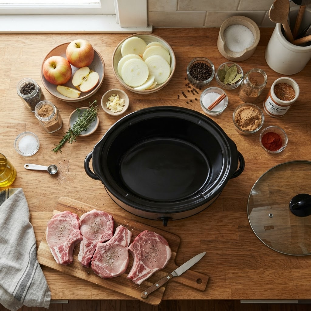 Fresh ingredients ready for your slow cooker pork chops recipe.