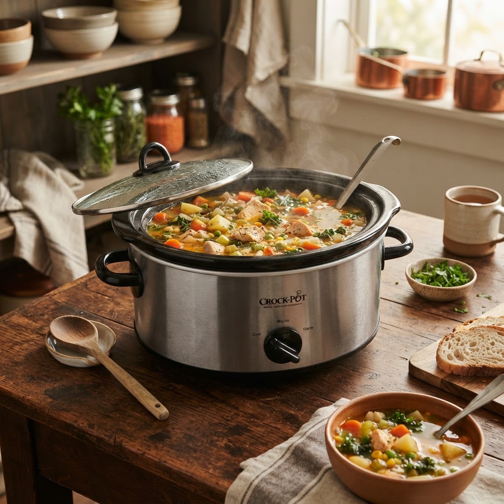 A hearty dump-and-go crockpot soup ready for a weeknight dinner.