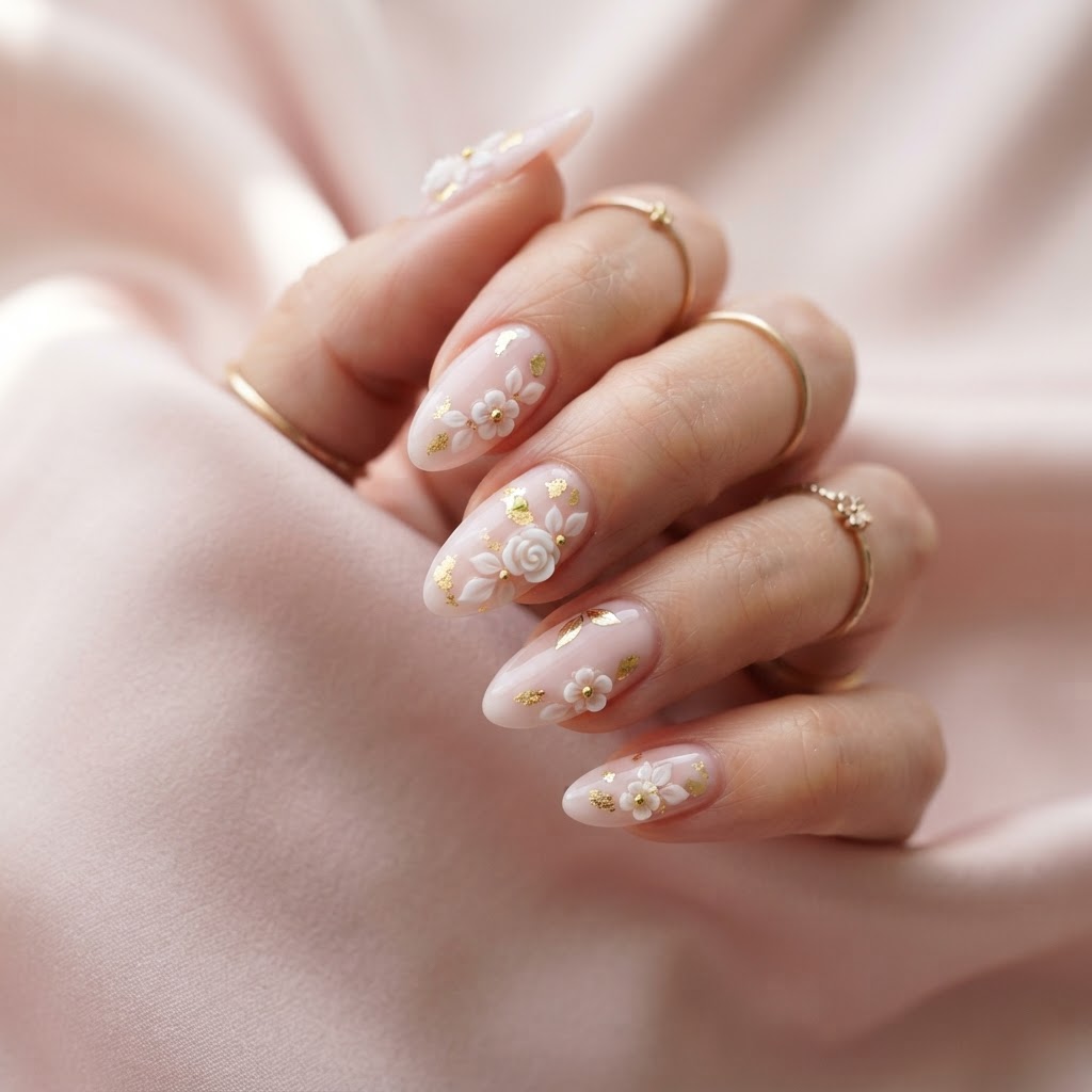 Elegant soft pink nails with 3D floral art.