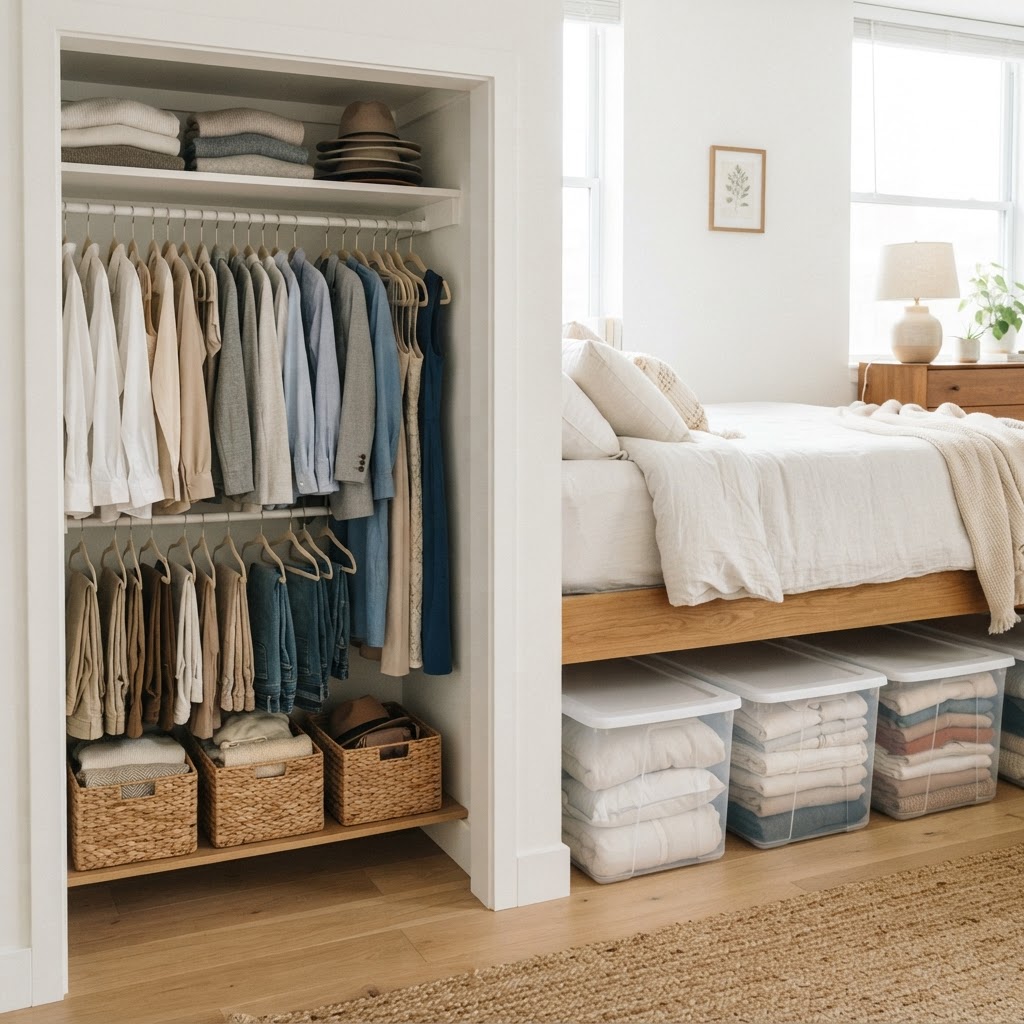 Maximizing your closet with slim hangers and under-bed storage is essential for renters.