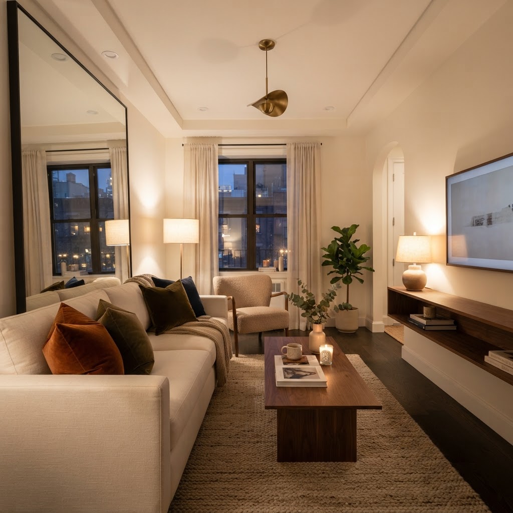 Layering lighting and using mirrors can drastically increase the perceived size of a small room.