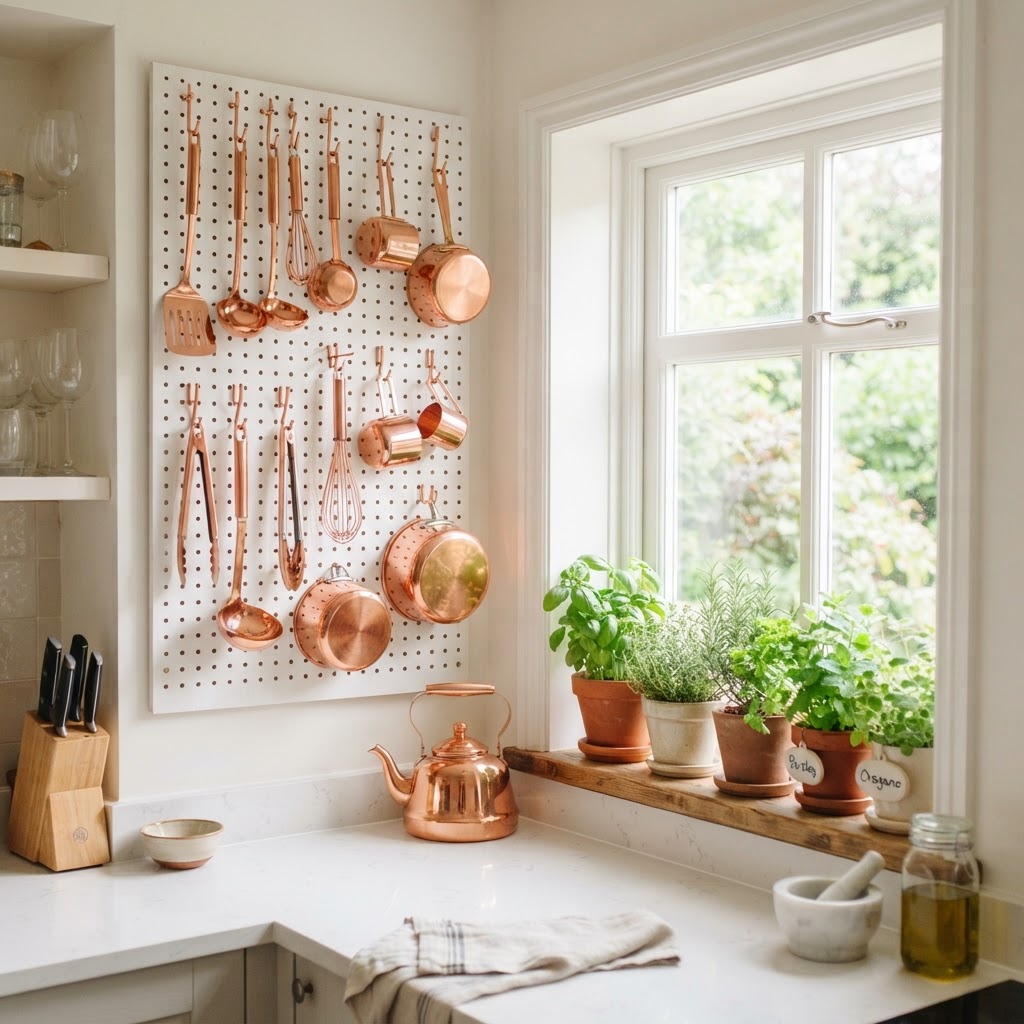 A well-organized pegboard keeps tools accessible and stylish.