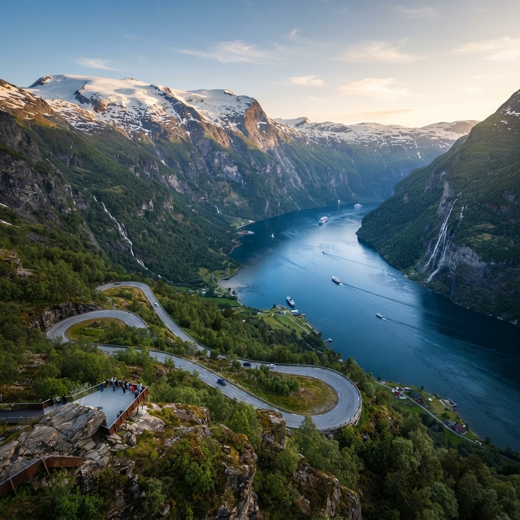 The classic view of Geirangerfjord from the iconic Flydalsjuvet viewpoint.