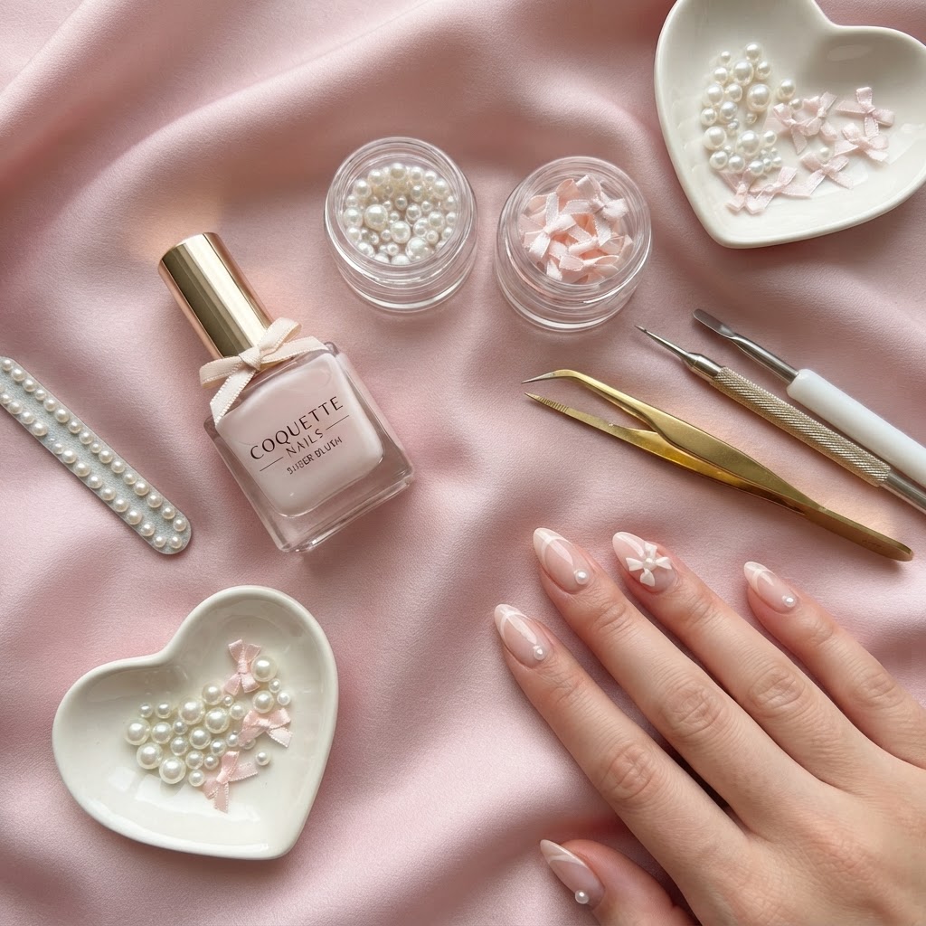 The essential tools needed to create your own DIY coquette aesthetic manicure at home.