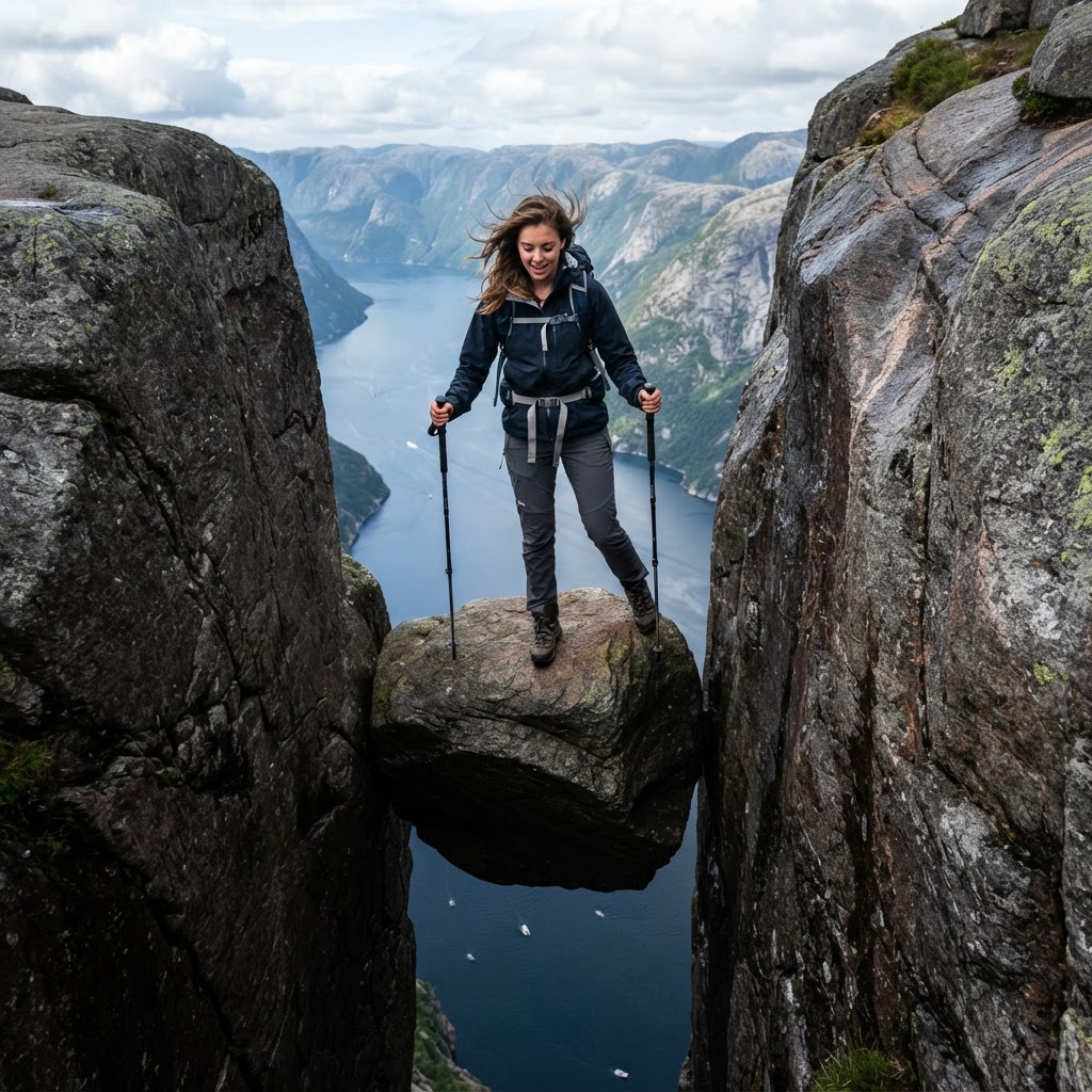 The Kjeragbolten boulder provides an adrenaline-fueled moment for brave travelers.