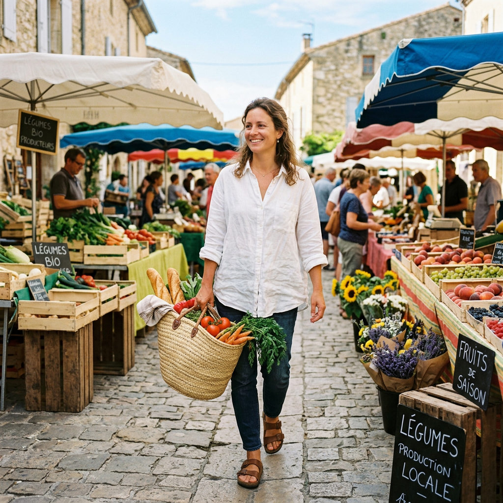 Fresh ingredients and linen layers define the French market experience.