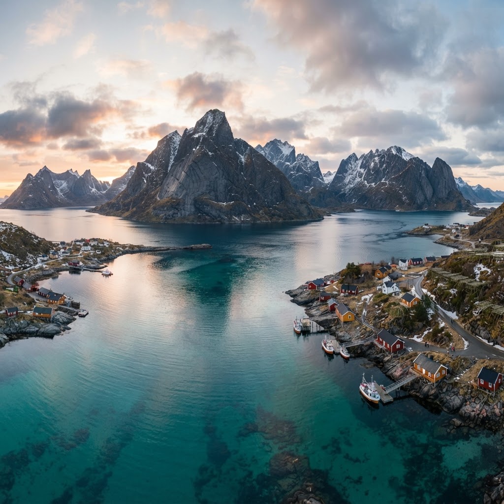 The iconic jagged peaks of the Lofoten Islands meet the deep blue Arctic sea.