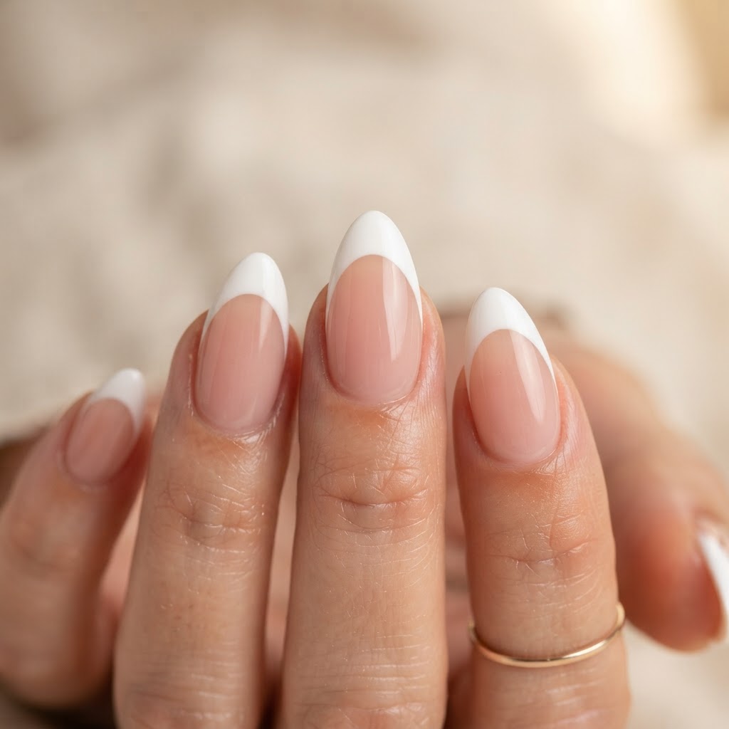 Almond-shaped white French tip nails for a timeless look.