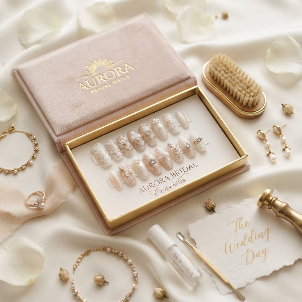 Luxurious bridal press-on sets ready for the big day.