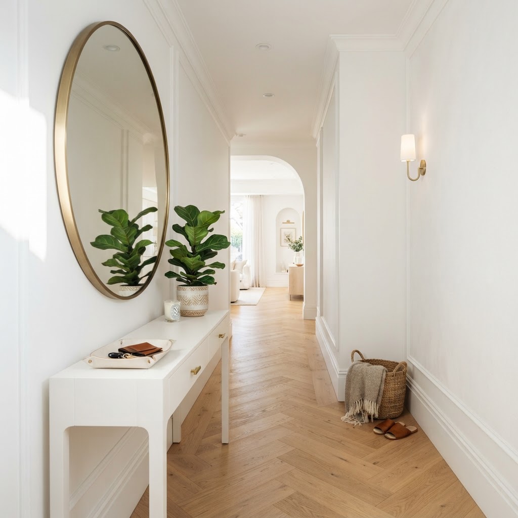 Mirrors help open up and brighten a small hallway.