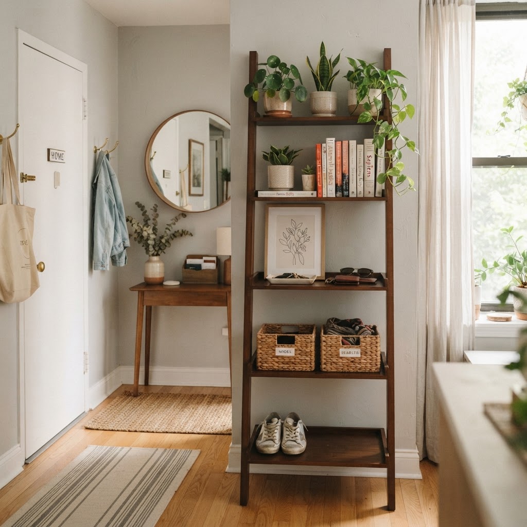 Leaning furniture provides essential storage while keeping your walls pristine.