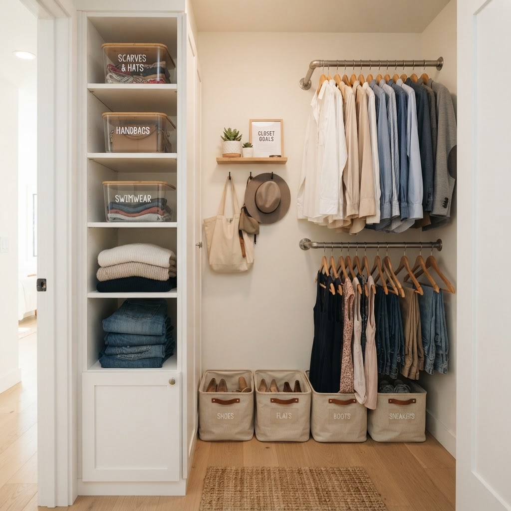 Double your hanging space in a small closet with clever vertical organization.