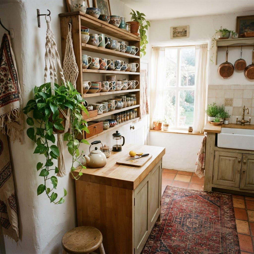 A beautifully curated boho kitchen using open shelving to save space.