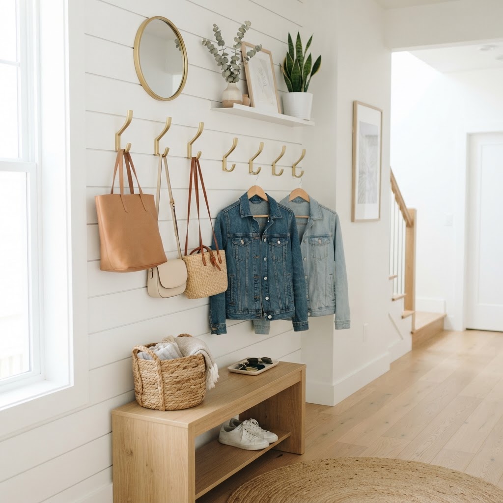 Vertical hooks maximize space in tight hallways.