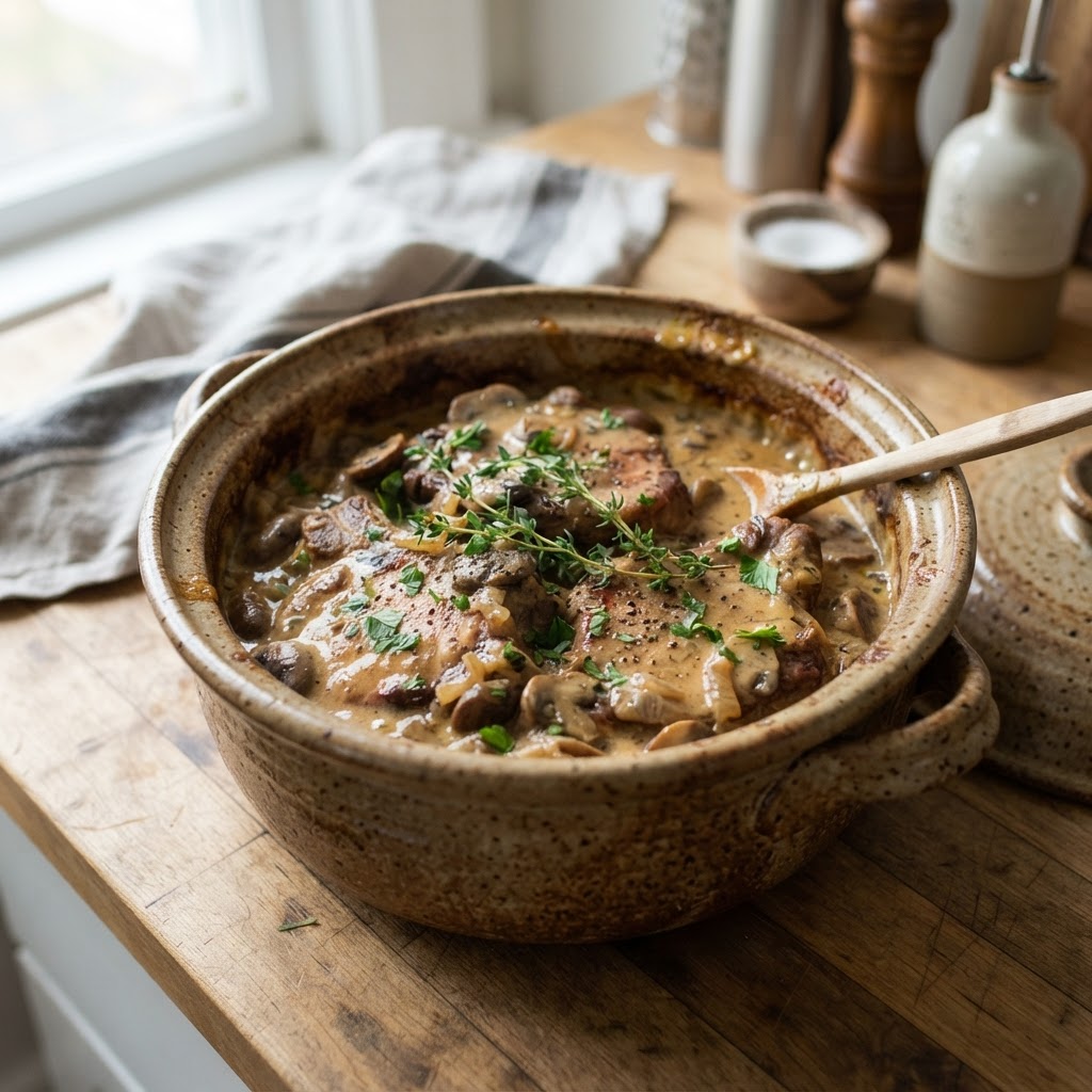 Tender, flavorful pork chops simmering in a rich cream of mushroom sauce.