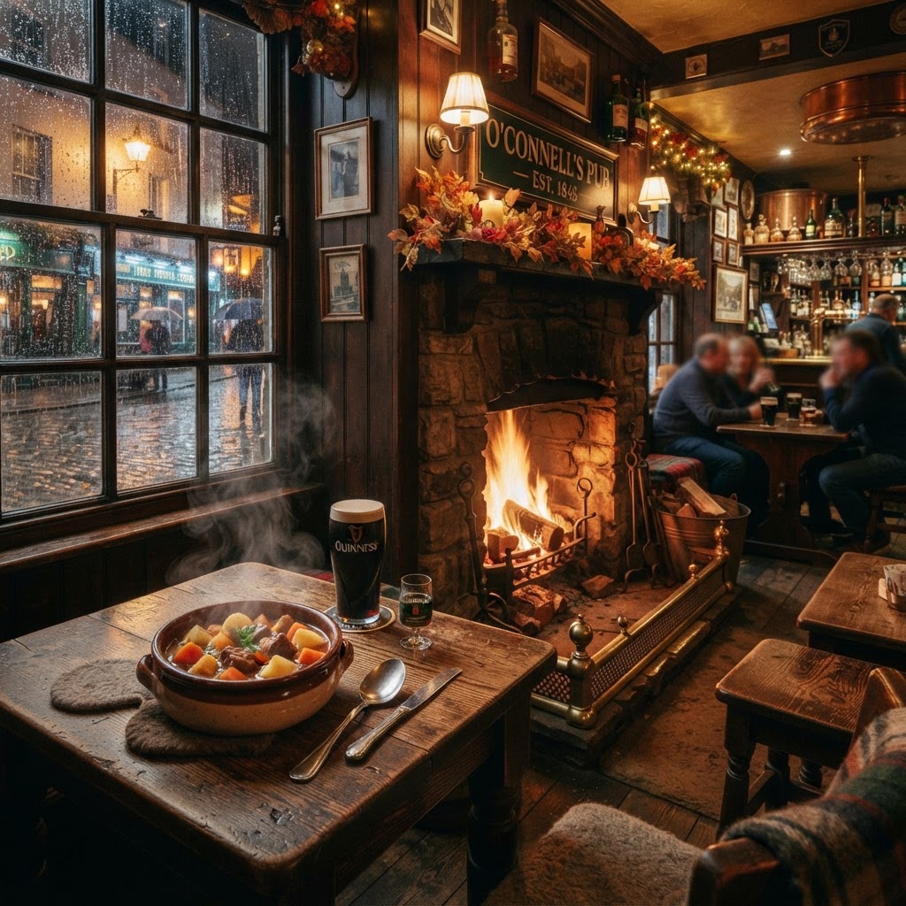 Cozying up by the fire with a bowl of stew is a quintessential Irish experience.