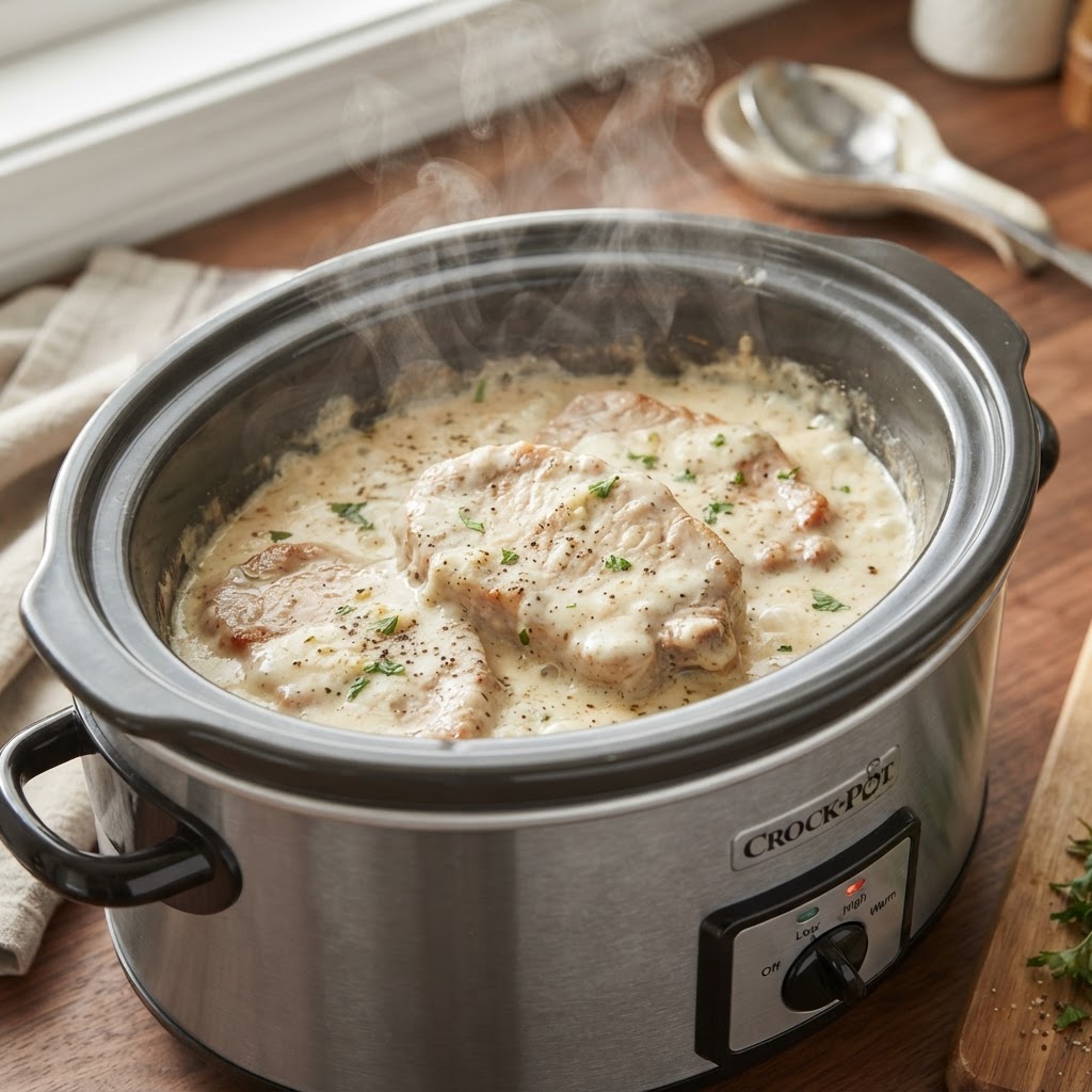 Tender pork chops simmering in a creamy sauce.