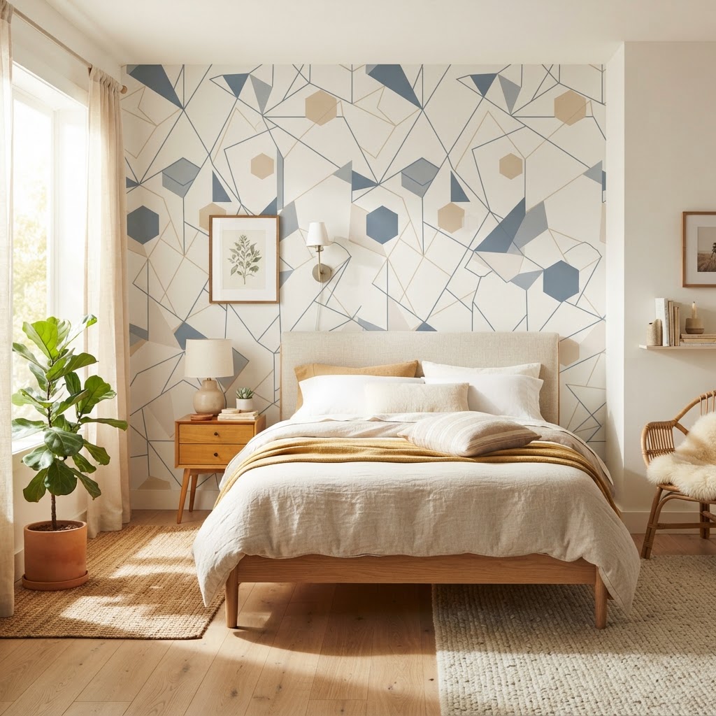 Peel-and-stick wallpaper creates a dramatic temporary accent.