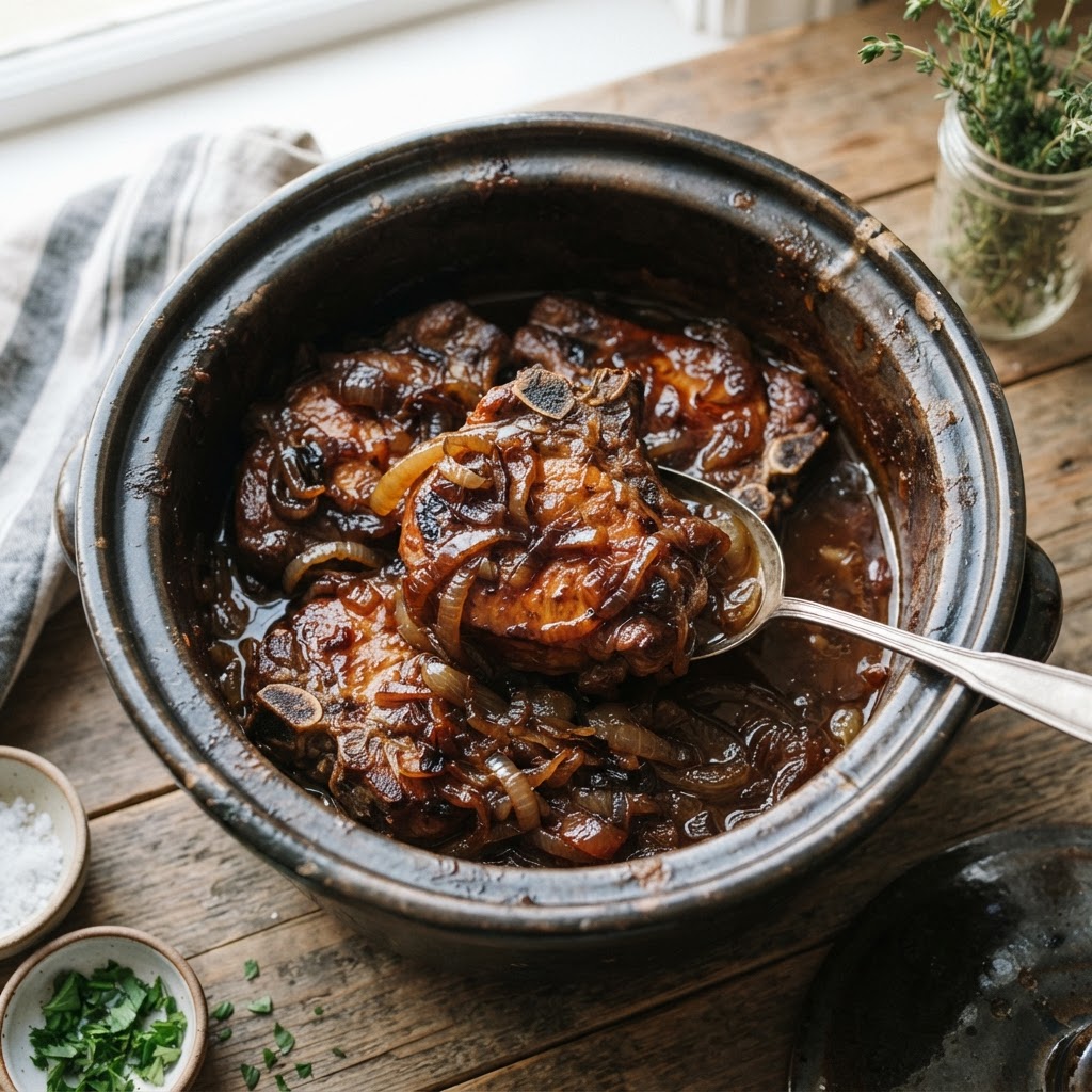 Juicy slow cooker pork chops with caramelized onions.