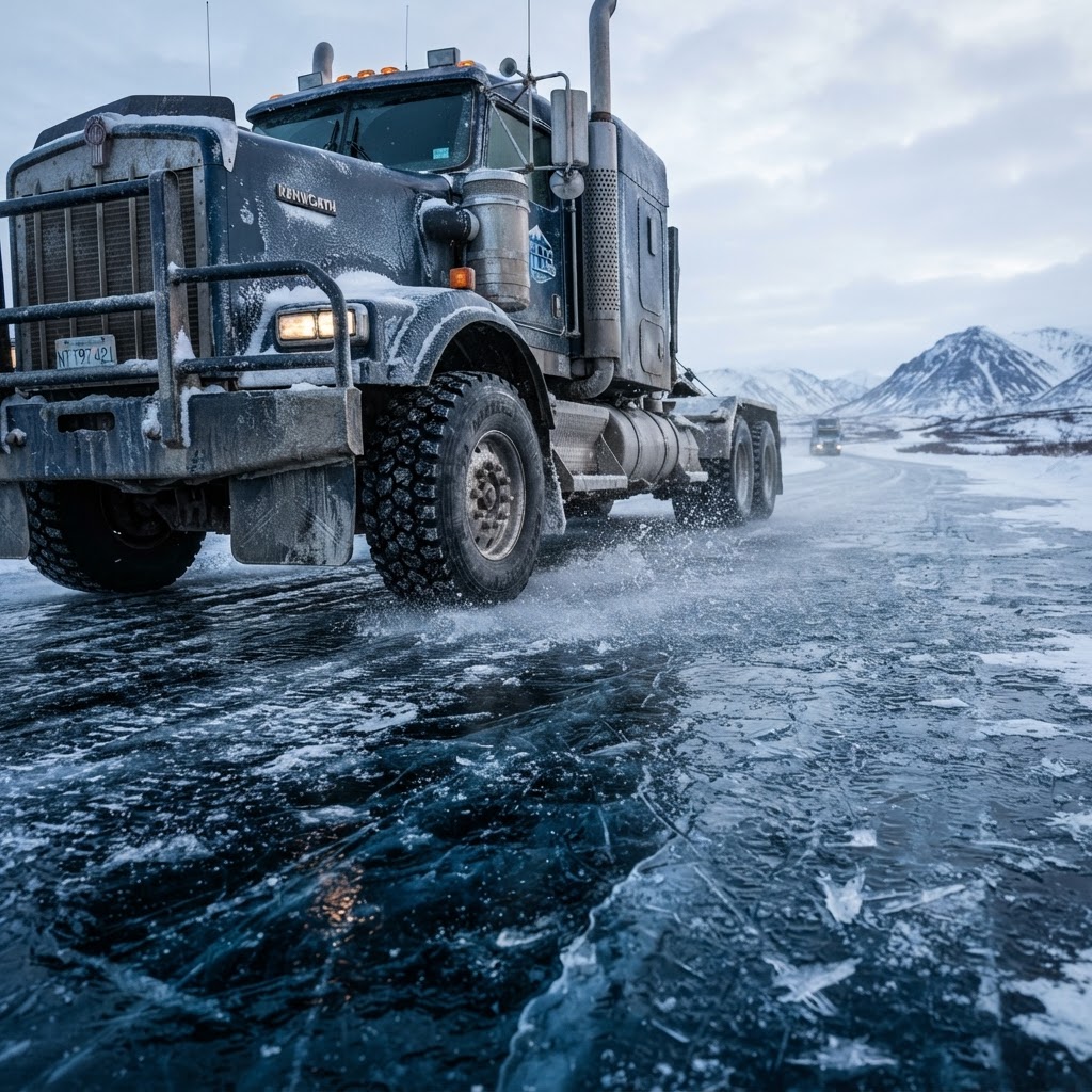Heavy trucks navigating safely across a thick ice shelf.